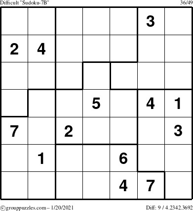 The grouppuzzles.com Difficult Sudoku-7B puzzle for Wednesday January 20, 2021