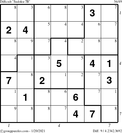 The grouppuzzles.com Difficult Sudoku-7B puzzle for Wednesday January 20, 2021 with all 9 steps marked