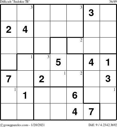 The grouppuzzles.com Difficult Sudoku-7B puzzle for Wednesday January 20, 2021 with the first 3 steps marked