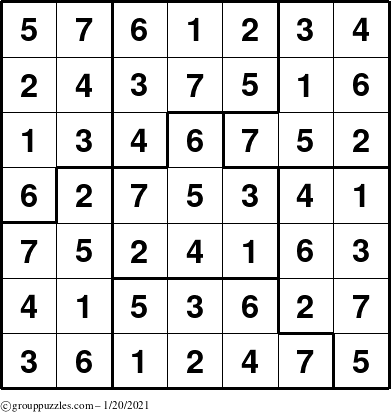 The grouppuzzles.com Answer grid for the Sudoku-7B puzzle for Wednesday January 20, 2021