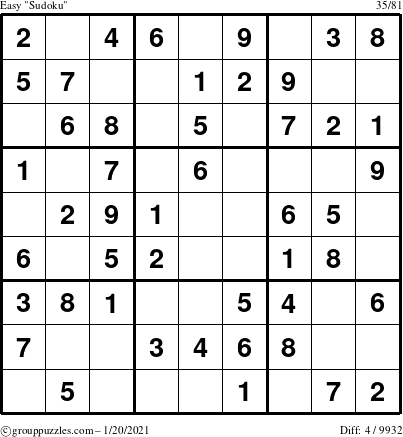 The grouppuzzles.com Easy Sudoku puzzle for Wednesday January 20, 2021