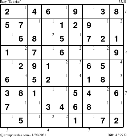 The grouppuzzles.com Easy Sudoku puzzle for Wednesday January 20, 2021, suitable for printing, with all 4 steps marked