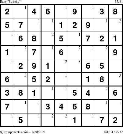 The grouppuzzles.com Easy Sudoku puzzle for Wednesday January 20, 2021 with the first 3 steps marked