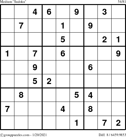 The grouppuzzles.com Medium Sudoku puzzle for Wednesday January 20, 2021