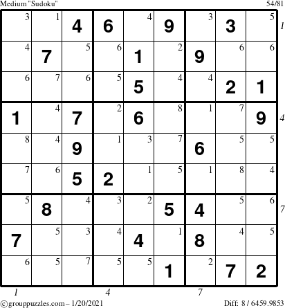 The grouppuzzles.com Medium Sudoku puzzle for Wednesday January 20, 2021 with all 8 steps marked