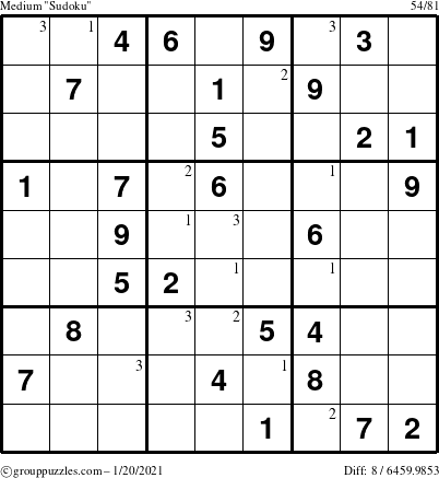 The grouppuzzles.com Medium Sudoku puzzle for Wednesday January 20, 2021 with the first 3 steps marked