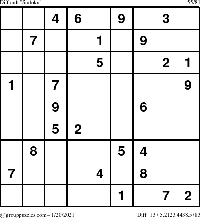 The grouppuzzles.com Difficult Sudoku puzzle for Wednesday January 20, 2021