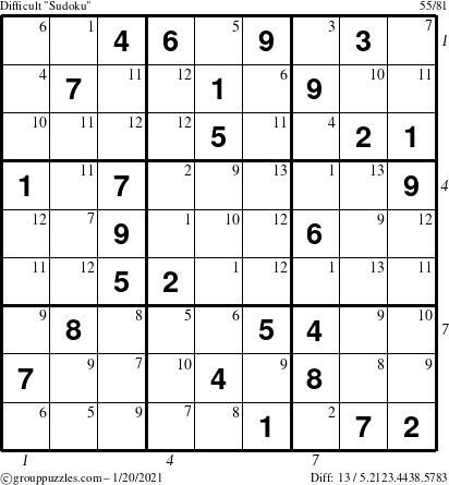 The grouppuzzles.com Difficult Sudoku puzzle for Wednesday January 20, 2021 with all 13 steps marked