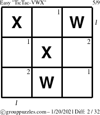 The grouppuzzles.com Easy TicTac-VWX puzzle for Wednesday January 20, 2021 with all 2 steps marked