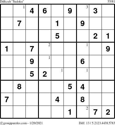 The grouppuzzles.com Difficult Sudoku puzzle for Wednesday January 20, 2021 with the first 3 steps marked