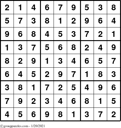 The grouppuzzles.com Answer grid for the Sudoku puzzle for Wednesday January 20, 2021