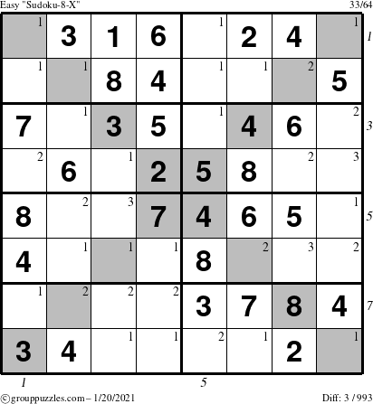 The grouppuzzles.com Easy Sudoku-8-X puzzle for Wednesday January 20, 2021 with all 3 steps marked