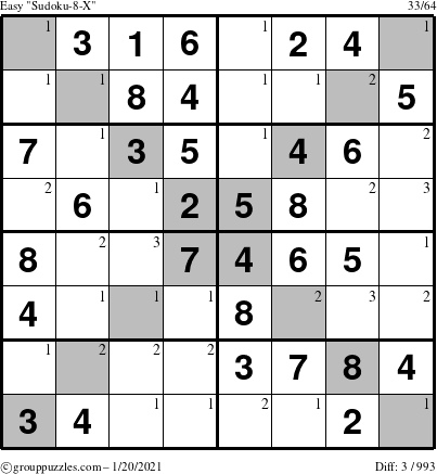 The grouppuzzles.com Easy Sudoku-8-X puzzle for Wednesday January 20, 2021 with the first 3 steps marked