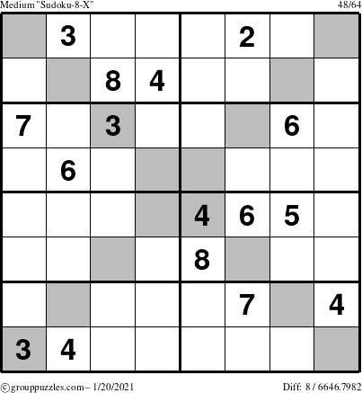 The grouppuzzles.com Medium Sudoku-8-X puzzle for Wednesday January 20, 2021