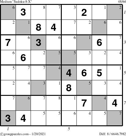 The grouppuzzles.com Medium Sudoku-8-X puzzle for Wednesday January 20, 2021 with all 8 steps marked