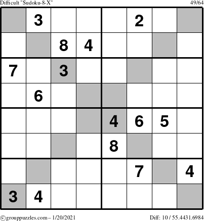 The grouppuzzles.com Difficult Sudoku-8-X puzzle for Wednesday January 20, 2021