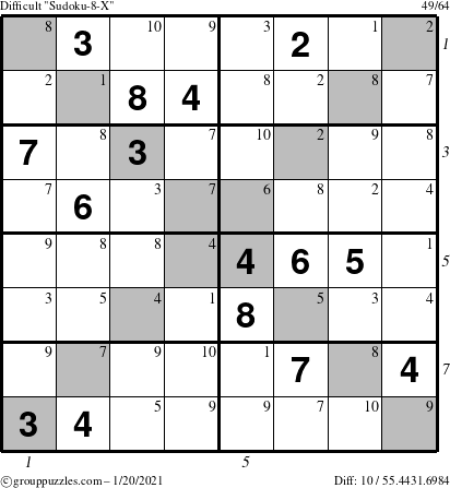 The grouppuzzles.com Difficult Sudoku-8-X puzzle for Wednesday January 20, 2021, suitable for printing, with all 10 steps marked