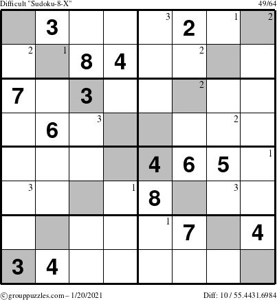 The grouppuzzles.com Difficult Sudoku-8-X puzzle for Wednesday January 20, 2021 with the first 3 steps marked