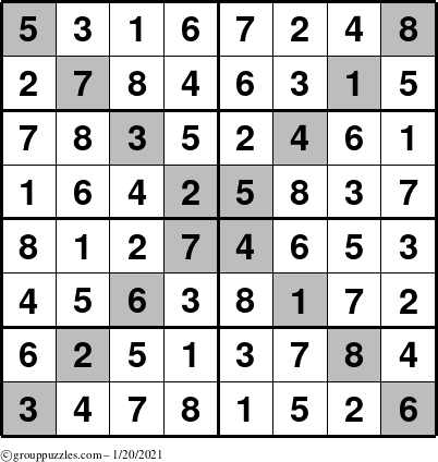 The grouppuzzles.com Answer grid for the Sudoku-8-X puzzle for Wednesday January 20, 2021