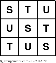 The grouppuzzles.com Answer grid for the TicTac-STU puzzle for Thursday December 31, 2020