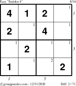 The grouppuzzles.com Easy Sudoku-4 puzzle for Thursday December 31, 2020 with all 2 steps marked