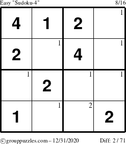 The grouppuzzles.com Easy Sudoku-4 puzzle for Thursday December 31, 2020 with the first 2 steps marked