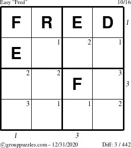 The grouppuzzles.com Easy Fred puzzle for Thursday December 31, 2020 with all 3 steps marked