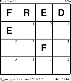 The grouppuzzles.com Easy Fred puzzle for Thursday December 31, 2020 with the first 3 steps marked