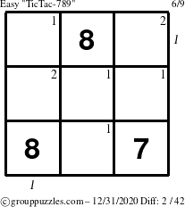 The grouppuzzles.com Easy TicTac-789 puzzle for Thursday December 31, 2020 with all 2 steps marked