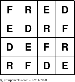 The grouppuzzles.com Answer grid for the Fred puzzle for Thursday December 31, 2020