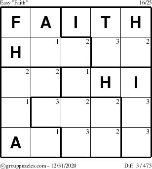 The grouppuzzles.com Easy Faith puzzle for Thursday December 31, 2020 with the first 3 steps marked