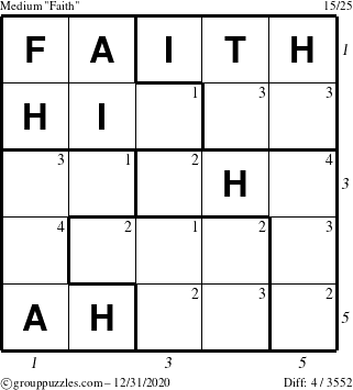 The grouppuzzles.com Medium Faith puzzle for Thursday December 31, 2020 with all 4 steps marked