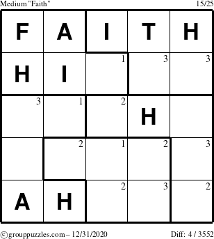 The grouppuzzles.com Medium Faith puzzle for Thursday December 31, 2020 with the first 3 steps marked