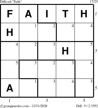 The grouppuzzles.com Difficult Faith puzzle for Thursday December 31, 2020 with all 5 steps marked