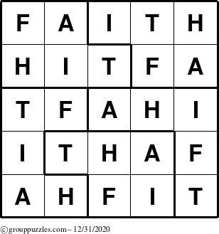 The grouppuzzles.com Answer grid for the Faith puzzle for Thursday December 31, 2020