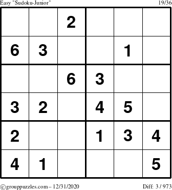 The grouppuzzles.com Easy Sudoku-Junior puzzle for Thursday December 31, 2020