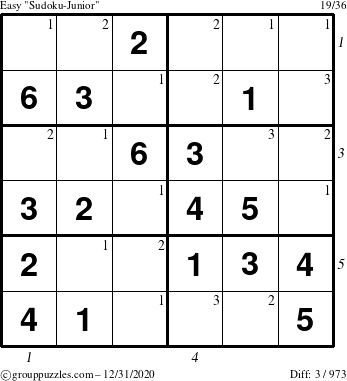 The grouppuzzles.com Easy Sudoku-Junior puzzle for Thursday December 31, 2020 with all 3 steps marked