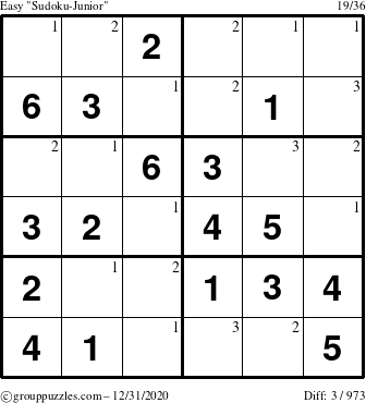 The grouppuzzles.com Easy Sudoku-Junior puzzle for Thursday December 31, 2020 with the first 3 steps marked