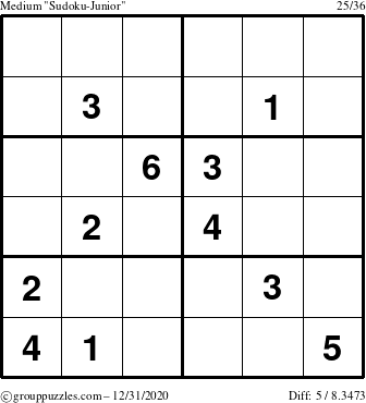 The grouppuzzles.com Medium Sudoku-Junior puzzle for Thursday December 31, 2020