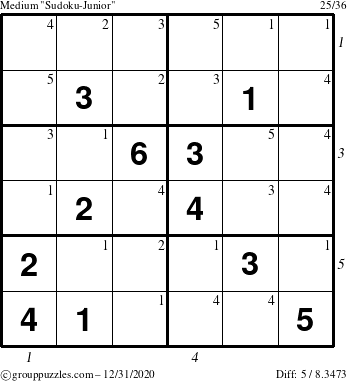 The grouppuzzles.com Medium Sudoku-Junior puzzle for Thursday December 31, 2020 with all 5 steps marked