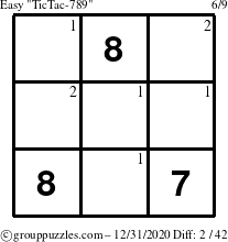 The grouppuzzles.com Easy TicTac-789 puzzle for Thursday December 31, 2020 with the first 2 steps marked