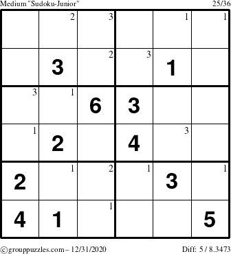 The grouppuzzles.com Medium Sudoku-Junior puzzle for Thursday December 31, 2020 with the first 3 steps marked