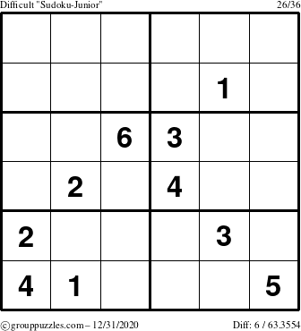 The grouppuzzles.com Difficult Sudoku-Junior puzzle for Thursday December 31, 2020