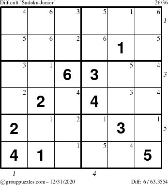 The grouppuzzles.com Difficult Sudoku-Junior puzzle for Thursday December 31, 2020 with all 6 steps marked