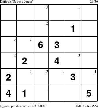 The grouppuzzles.com Difficult Sudoku-Junior puzzle for Thursday December 31, 2020 with the first 3 steps marked