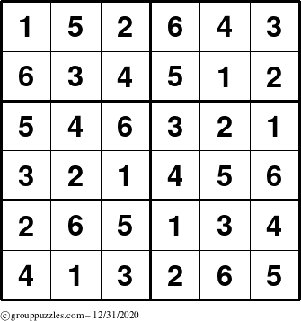 The grouppuzzles.com Answer grid for the Sudoku-Junior puzzle for Thursday December 31, 2020