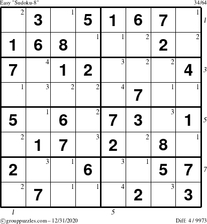 The grouppuzzles.com Easy Sudoku-8 puzzle for Thursday December 31, 2020 with all 4 steps marked