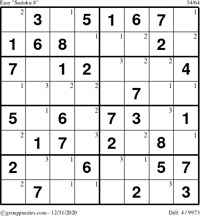 The grouppuzzles.com Easy Sudoku-8 puzzle for Thursday December 31, 2020 with the first 3 steps marked