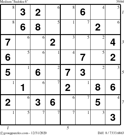 The grouppuzzles.com Medium Sudoku-8 puzzle for Thursday December 31, 2020 with all 8 steps marked