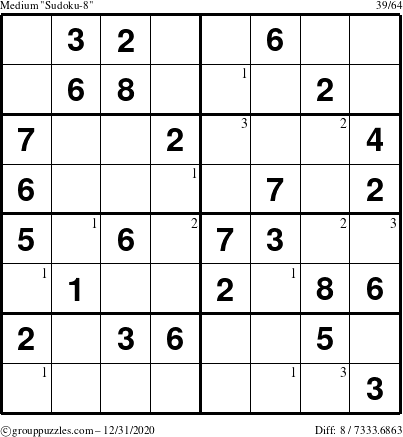 The grouppuzzles.com Medium Sudoku-8 puzzle for Thursday December 31, 2020 with the first 3 steps marked